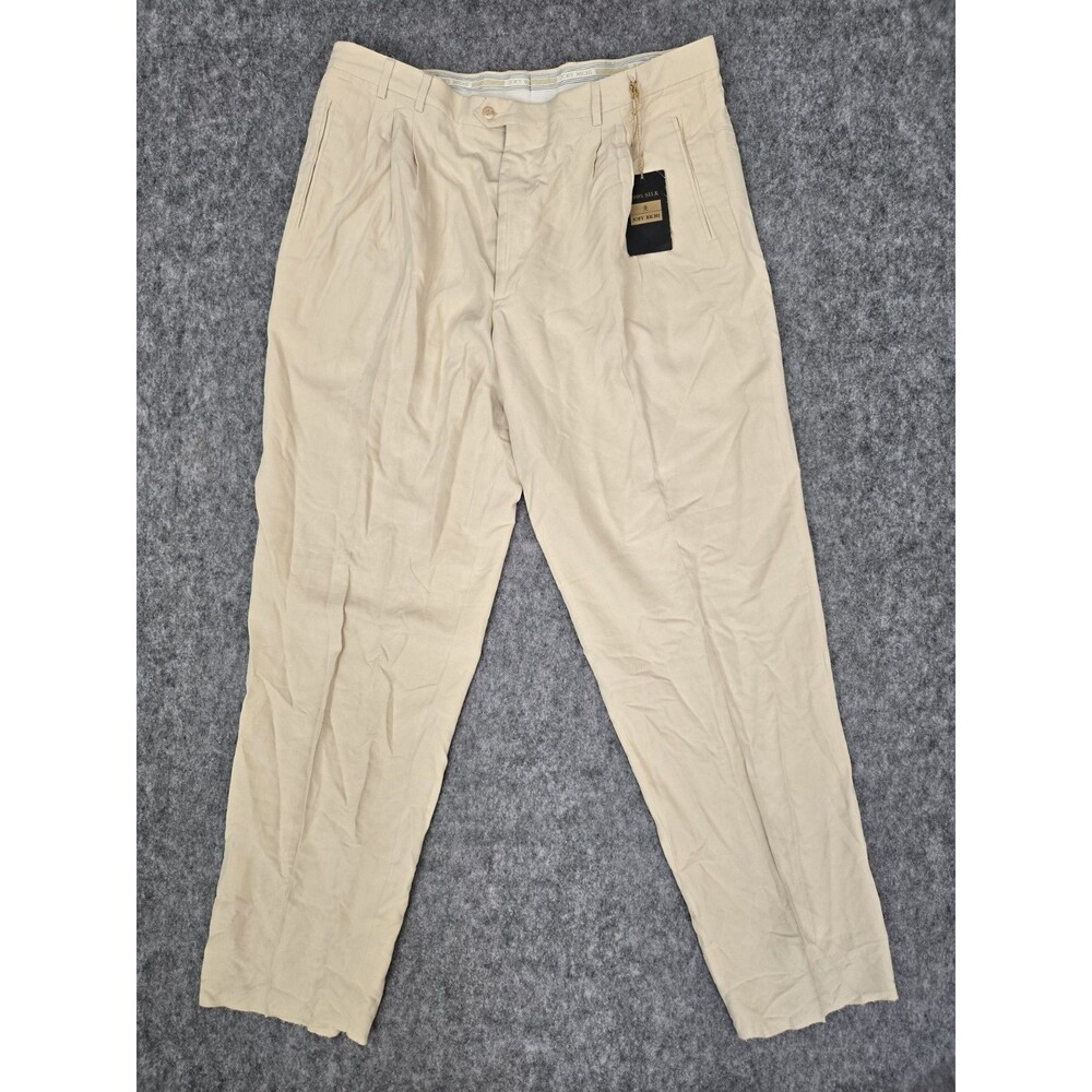 Vintage Joey Richi Mens Sz 42 Cream 100% Silk Pleated Loose Dress Pants UNHEMMED